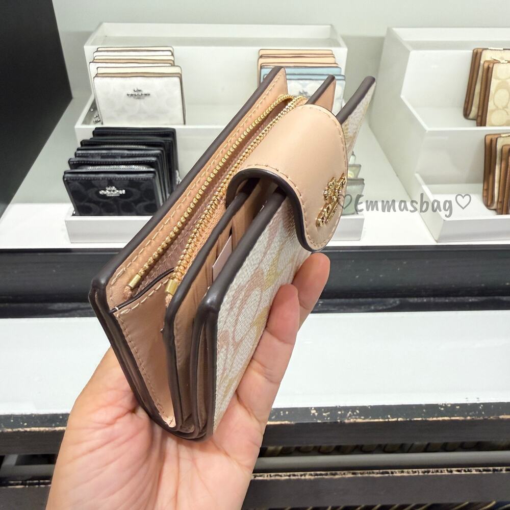 Coach Medium Corner Zip Wallet In Pretty Signature Canvas CEC31 Gold/Chalk/Pink - Picture 2 of 7